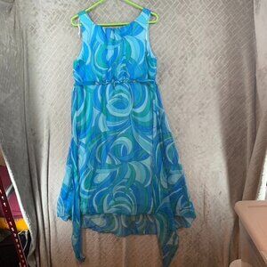 Rabbit Designs Women 12 Dress Blue Colorful Chiffon Fit & Flare Knee Length Belt